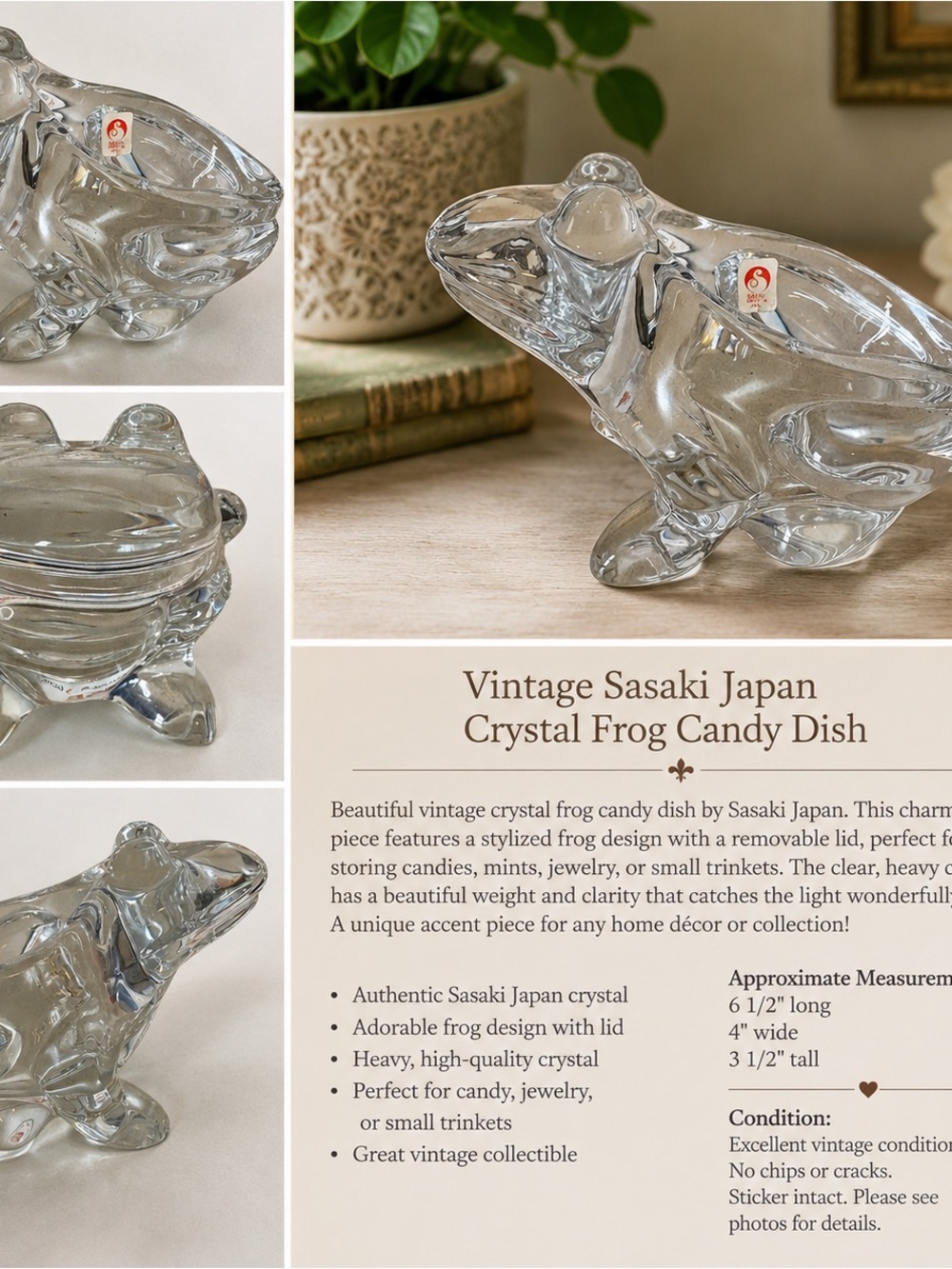 Vintage Sasaki Japan Crystal Frog Candy Dish / Trinket Box
